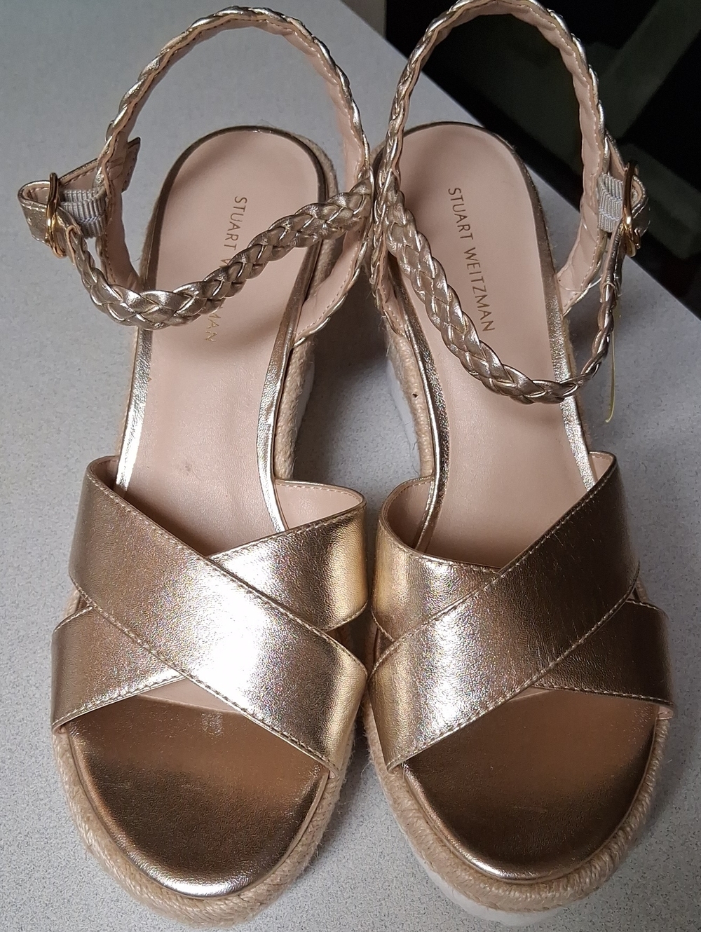 BNWT Stuart Weitzman MYKONOS Metallic Gold Braided Ankle Espadrille Wedges 7B
